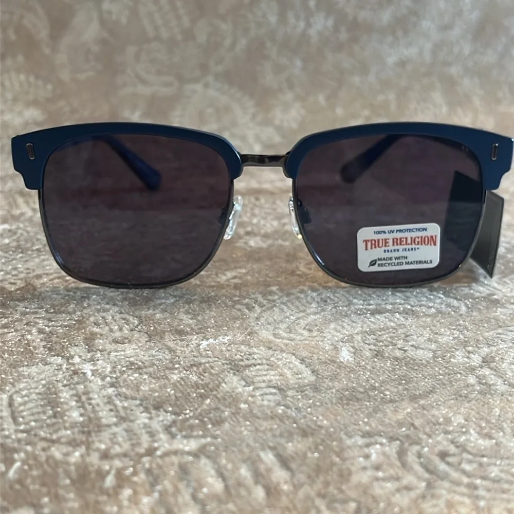 Brand New True Religion Clubmaster Classic Square Metal Sunglasses Blue Accent